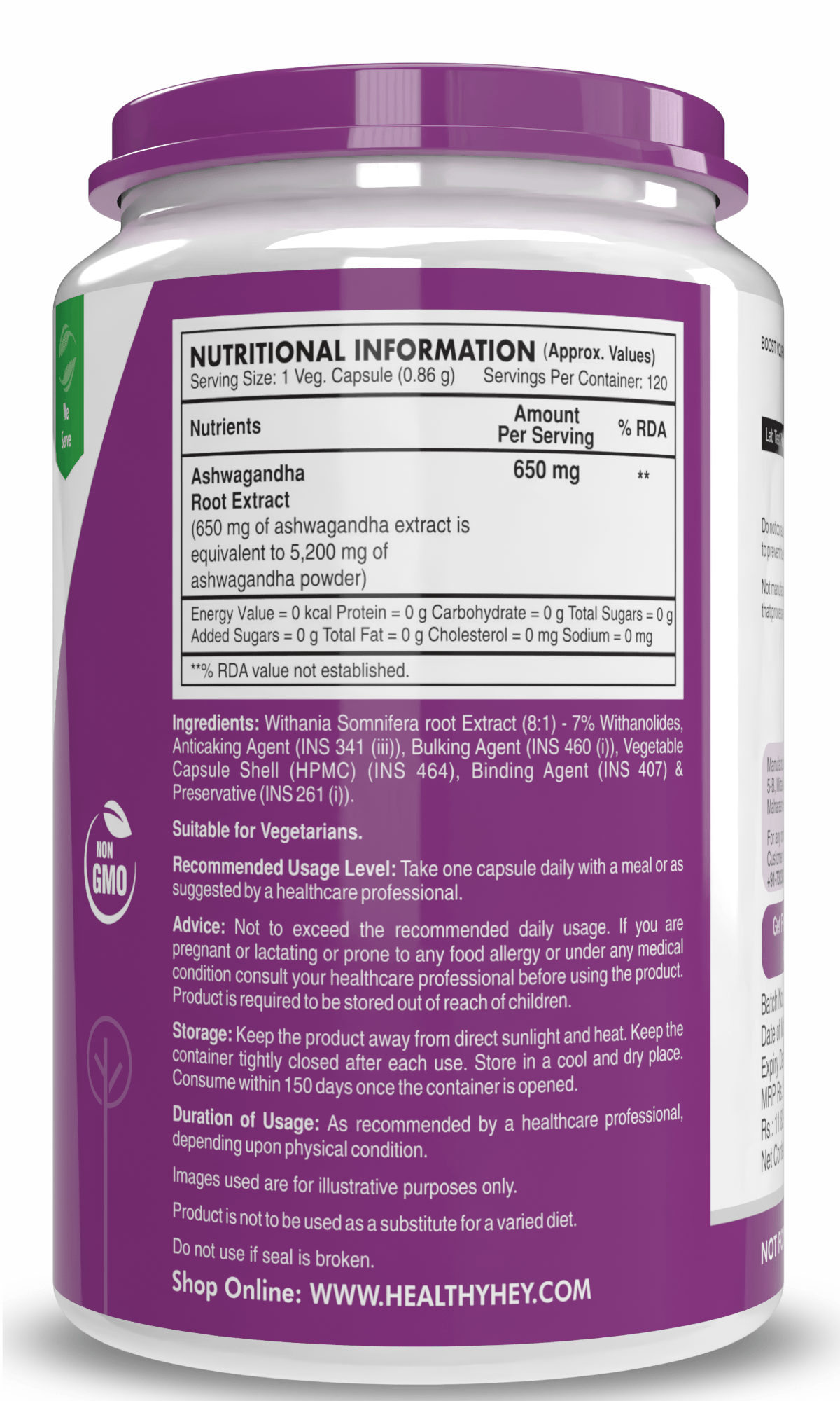 HealthyHey Nutrition Capsule Ashwagandha Extract Capsules | 100% Natural Rejuvenating Formula - Promotes Mind & Body Wellness - 120 Capsules