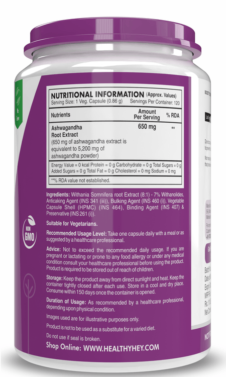 HealthyHey Nutrition Capsule Ashwagandha Extract Capsules | 100% Natural Rejuvenating Formula - Promotes Mind & Body Wellness - 120 Capsules