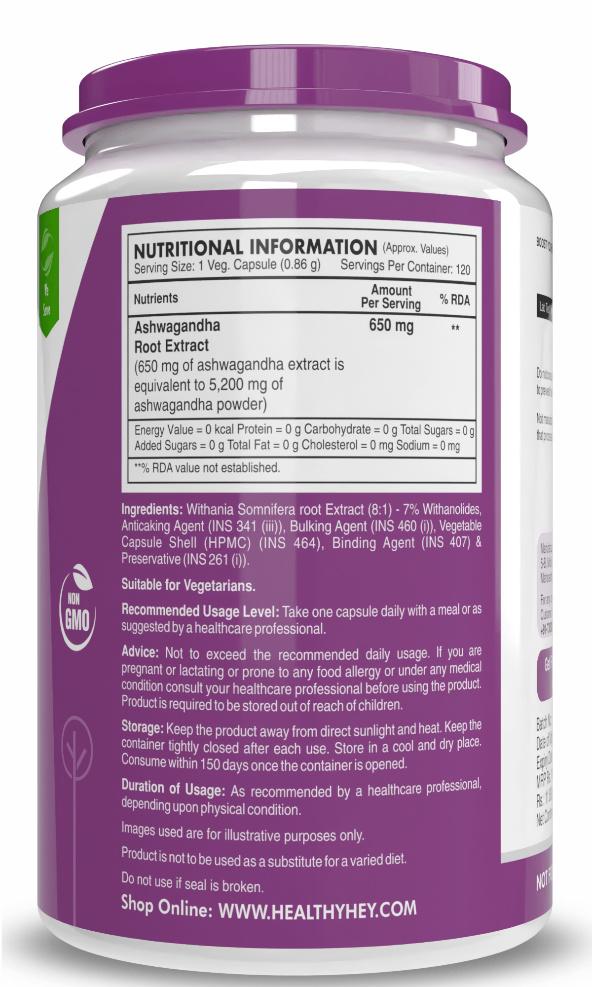 HealthyHey Nutrition Capsule Ashwagandha Extract Capsules | 100% Natural Rejuvenating Formula - Promotes Mind & Body Wellness - 120 Capsules
