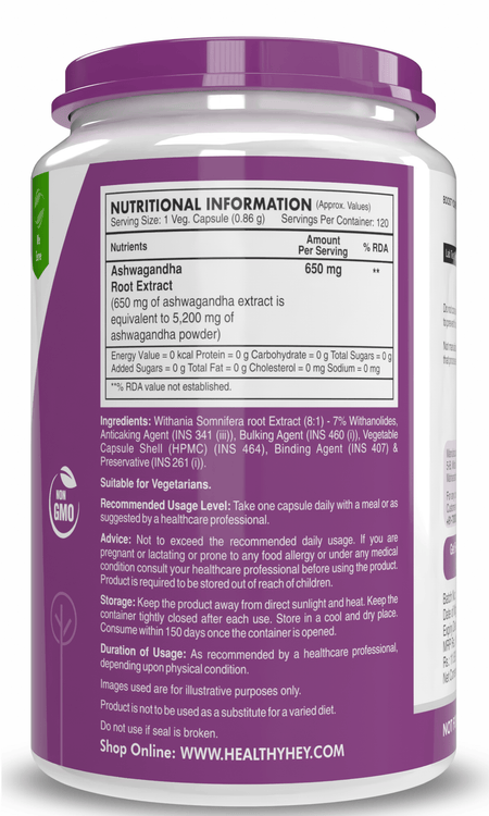 HealthyHey Nutrition Capsule Ashwagandha Extract Capsules | 100% Natural Rejuvenating Formula - Promotes Mind & Body Wellness - 120 Capsules