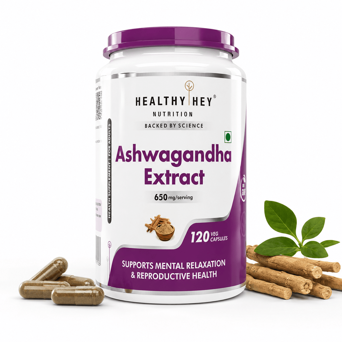 HealthyHey Nutrition Capsule Ashwagandha Extract Capsules | 100% Natural Rejuvenating Formula - Promotes Mind & Body Wellness - 120 Capsules