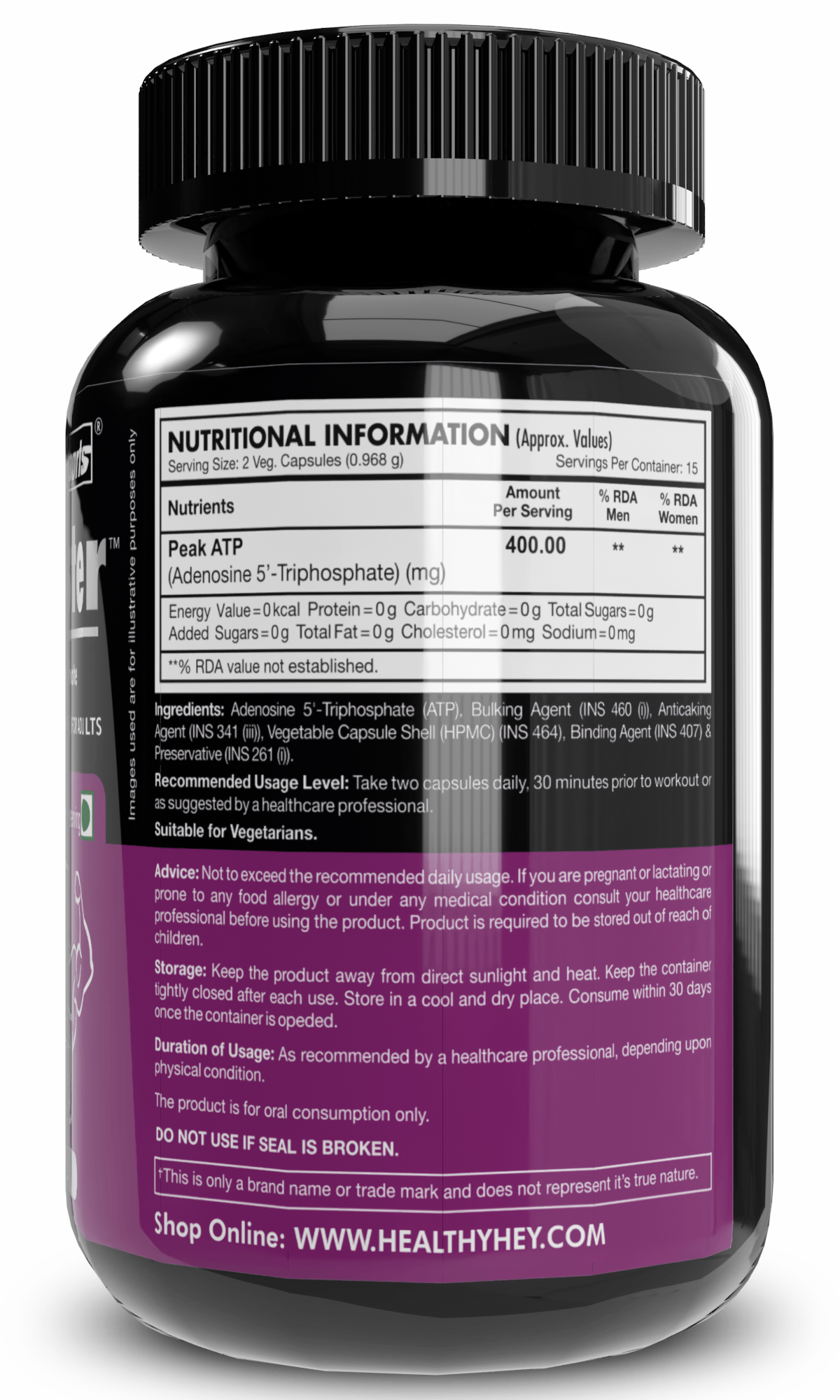 HealthyHey Nutrition Capsule ATP Booster, Support Healthy Blood flow Adenosine 5'-Triphosphate - Pre-Workout - 400mg - 30 Veg capsules