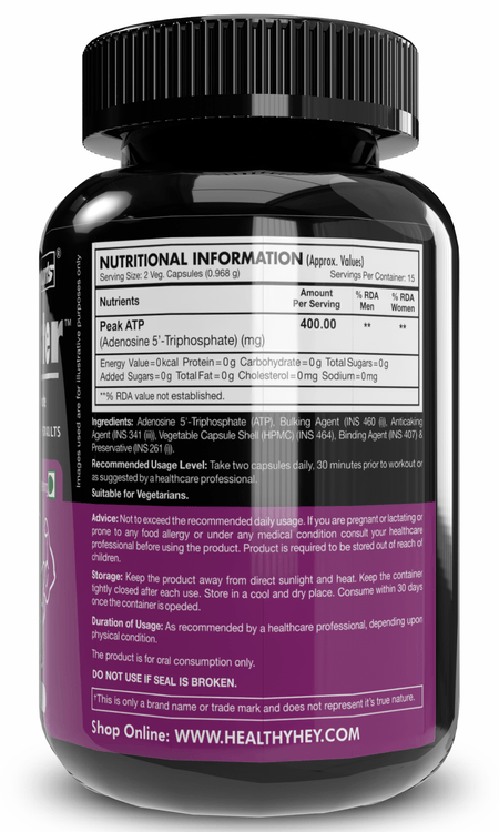 HealthyHey Nutrition Capsule ATP Booster, Support Healthy Blood flow Adenosine 5'-Triphosphate - Pre-Workout - 400mg - 30 Veg capsules