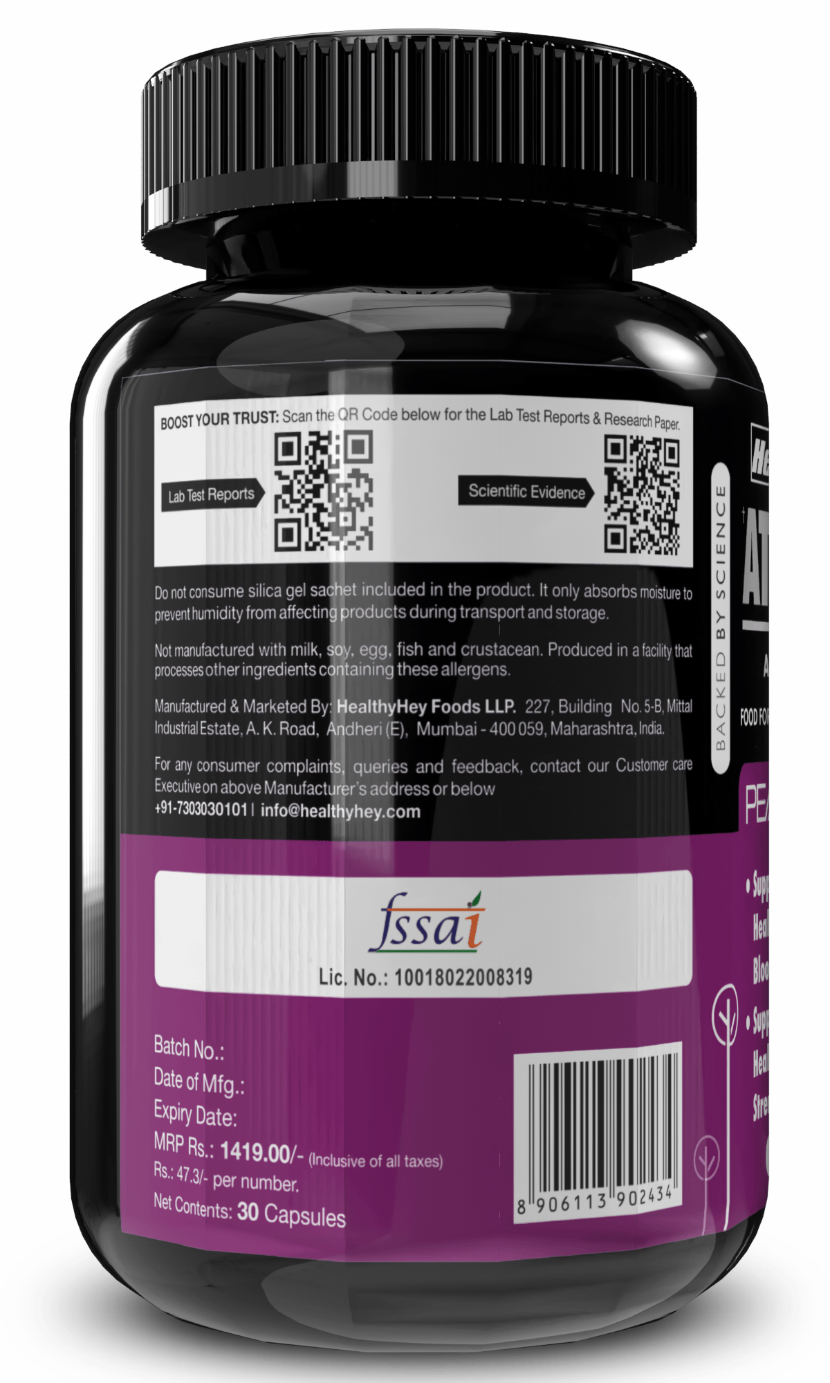 HealthyHey Nutrition Capsule ATP Booster, Support Healthy Blood flow Adenosine 5'-Triphosphate - Pre-Workout - 400mg - 30 Veg capsules