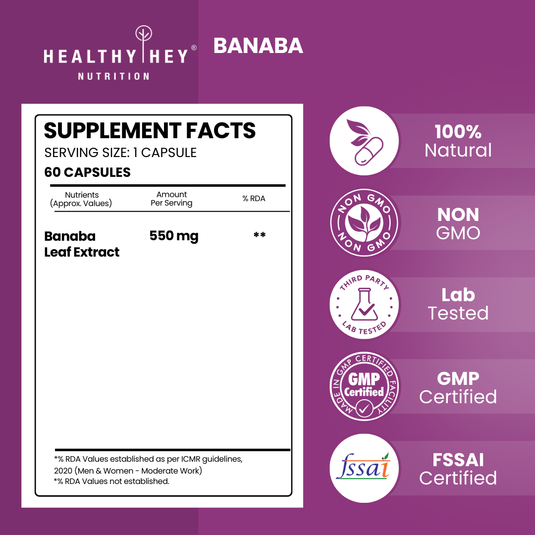 HealthyHey Nutrition Capsule Banaba Leaf Extract 60 Veg Capsules (Non-GMO & Gluten Free) - Supports Healthy Blood Sugar Levels