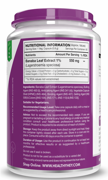 HealthyHey Nutrition Capsule Banaba Leaf Extract 60 Veg Capsules (Non-GMO & Gluten Free) - Supports Healthy Blood Sugar Levels