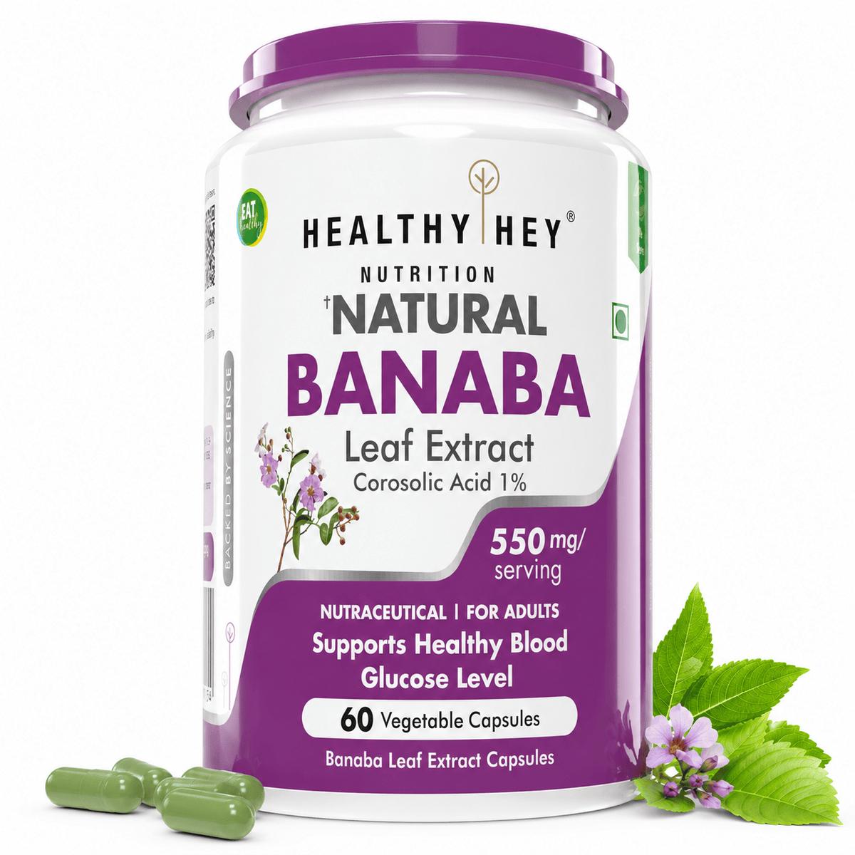 HealthyHey Nutrition Capsule Banaba Leaf Extract 60 Veg Capsules (Non-GMO & Gluten Free) - Supports Healthy Blood Sugar Levels