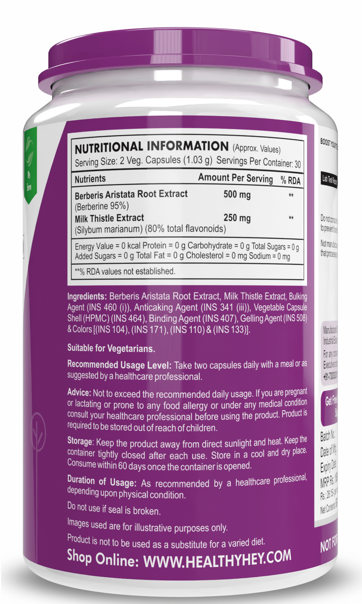 HealthyHey Nutrition Capsule Berberis-Berberine 95% with milk Thistle-Support Weight Management & Healthy Glucose Levels Supplements-Veg.60 Capsules