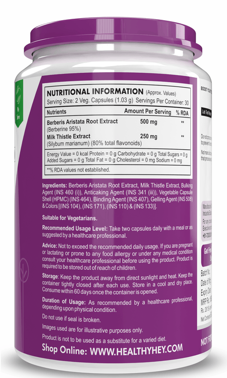 HealthyHey Nutrition Capsule Berberis-Berberine 95% with milk Thistle-Support Weight Management & Healthy Glucose Levels Supplements-Veg.60 Capsules