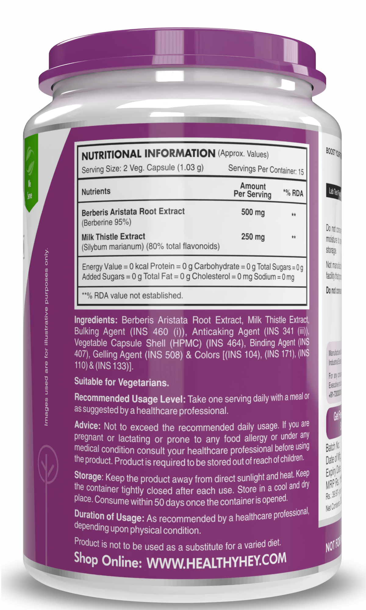 HealthyHey Nutrition Capsule Berberis-Berberine 95% with milk Thistle-Support Weight Management & Healthy Glucose Levels Supplements-Veg.60 Capsules