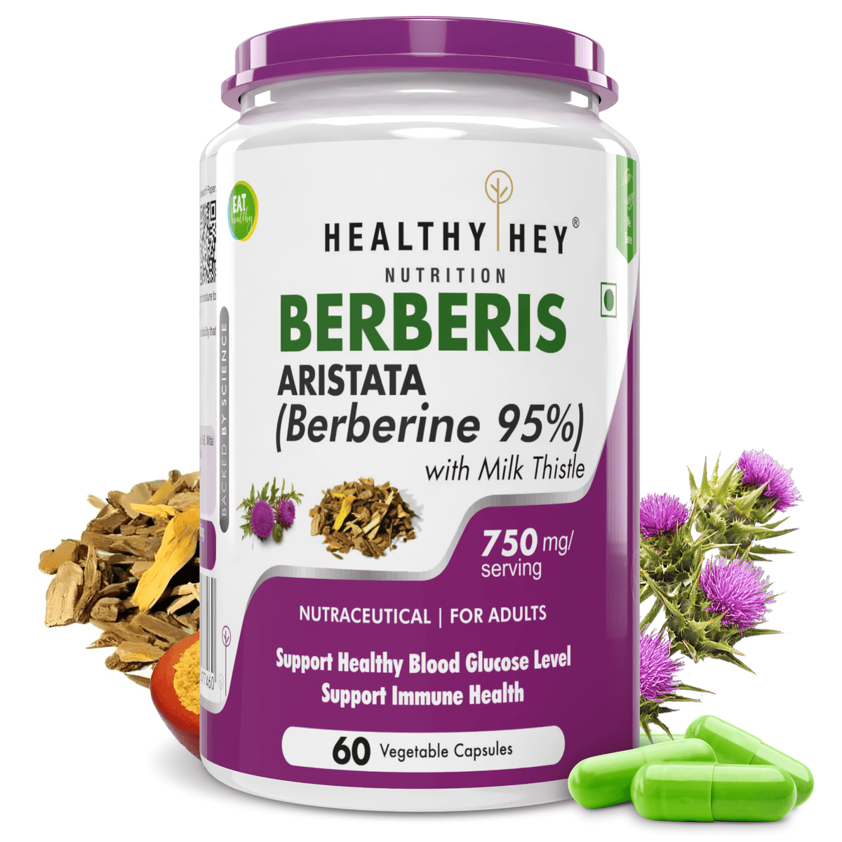 HealthyHey Nutrition Capsule Berberis Berberine, Support Healthy blood glucose levels 95% with Milk Thistle - 60 Veg Capsules
