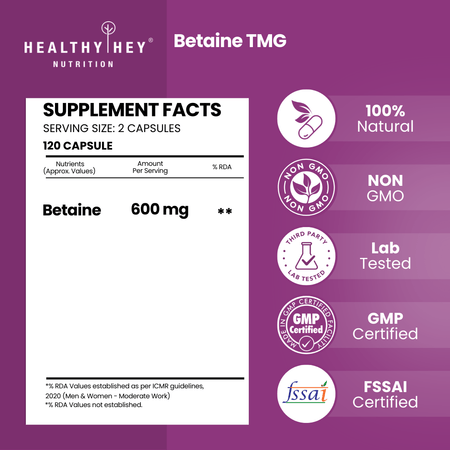 HealthyHey Nutrition Capsule Betaine Trimethylglycine, Support Healthy homocysteine levels (TMG) 600mg - 60 Veg Capsules