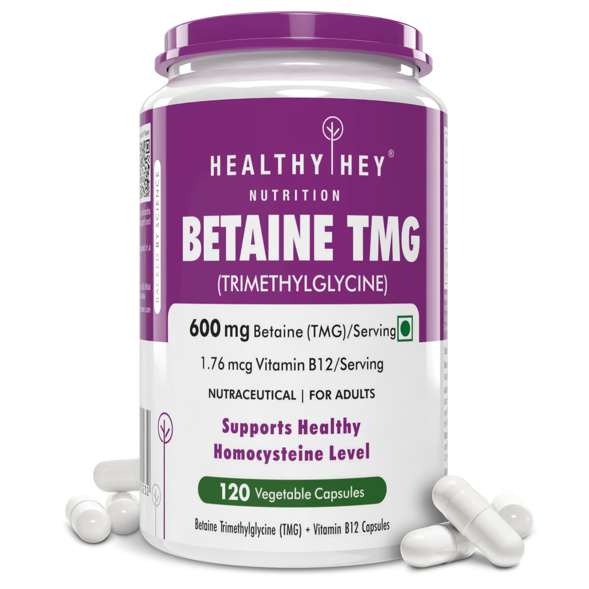 HealthyHey Nutrition Capsule Betaine Trimethylglycine, Support Healthy homocysteine levels (TMG) 600mg - 120 Veg Capsules