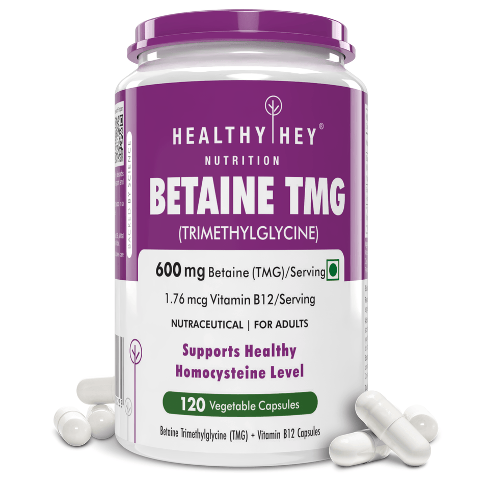 HealthyHey Nutrition Capsule Betaine Trimethylglycine, Support Healthy homocysteine levels (TMG) 600mg - 120 Veg Capsules