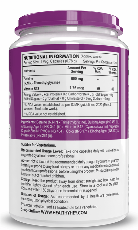 HealthyHey Nutrition Capsule Betaine Trimethylglycine, Support Healthy homocysteine levels (TMG) 600mg - 120 Veg Capsules