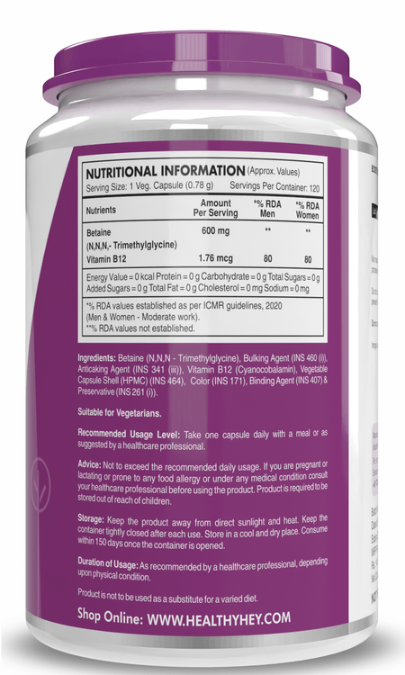 HealthyHey Nutrition Capsule Betaine Trimethylglycine, Support Healthy homocysteine levels (TMG) 600mg - 120 Veg Capsules
