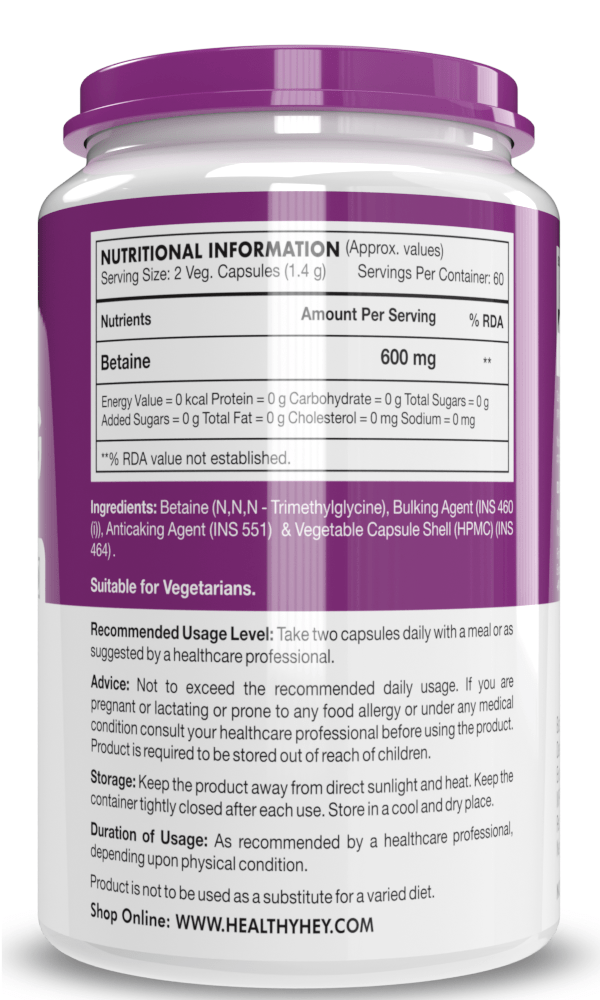 HealthyHey Nutrition Capsule Betaine Trimethylglycine, Support Healthy homocysteine levels (TMG) 600mg - 60 Veg Capsules
