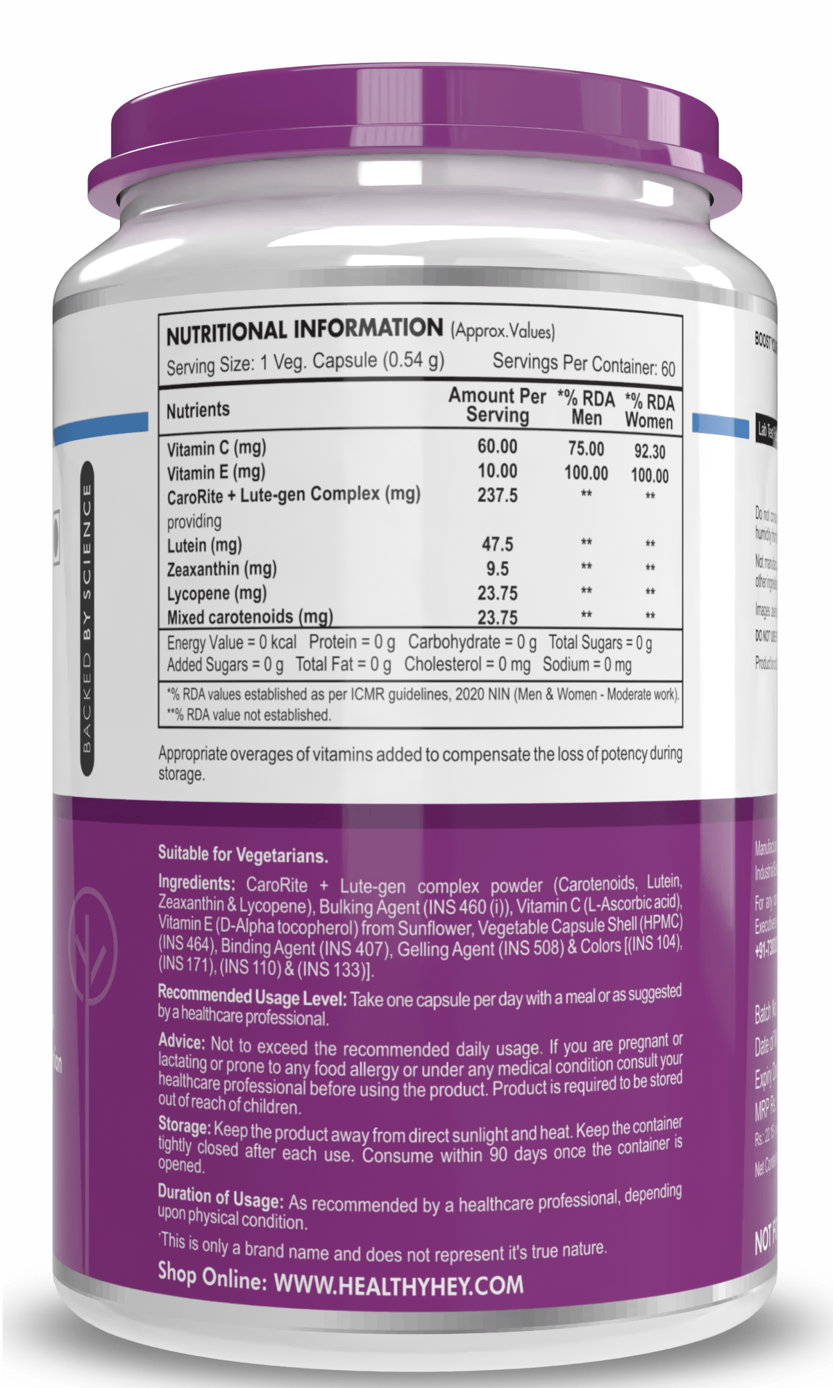 HealthyHey Nutrition Capsule BlueEyeProtect Natural Lutein and Zeaxanthin - Protection from Blue Light and Eye Health - 60 Veg. Capsules