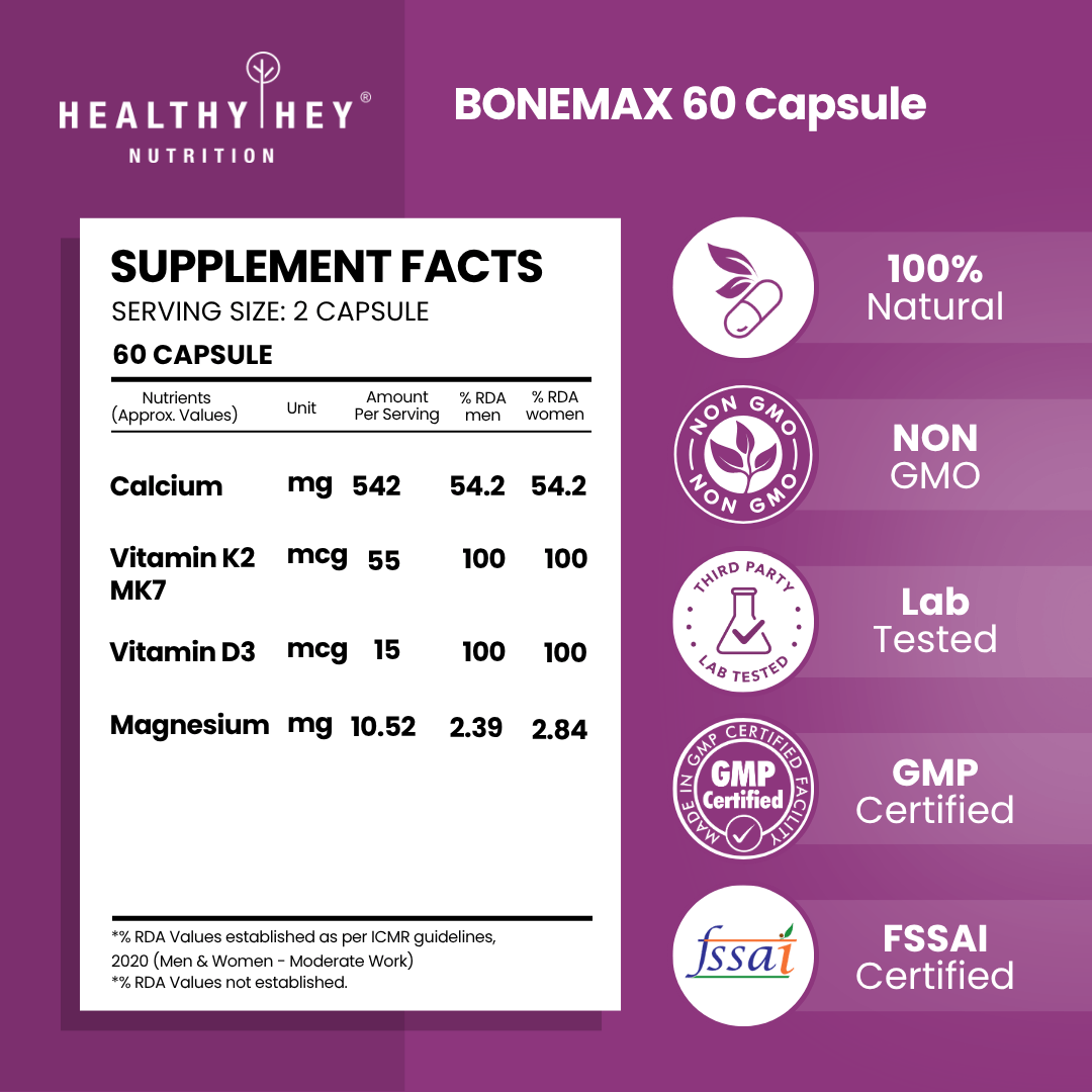 HealthyHey Nutrition Capsule BoneMax Calcium with Magnesium, Bone Health Complex Vitamin D3 & Vitamin K2- Mk7 - BoneMax