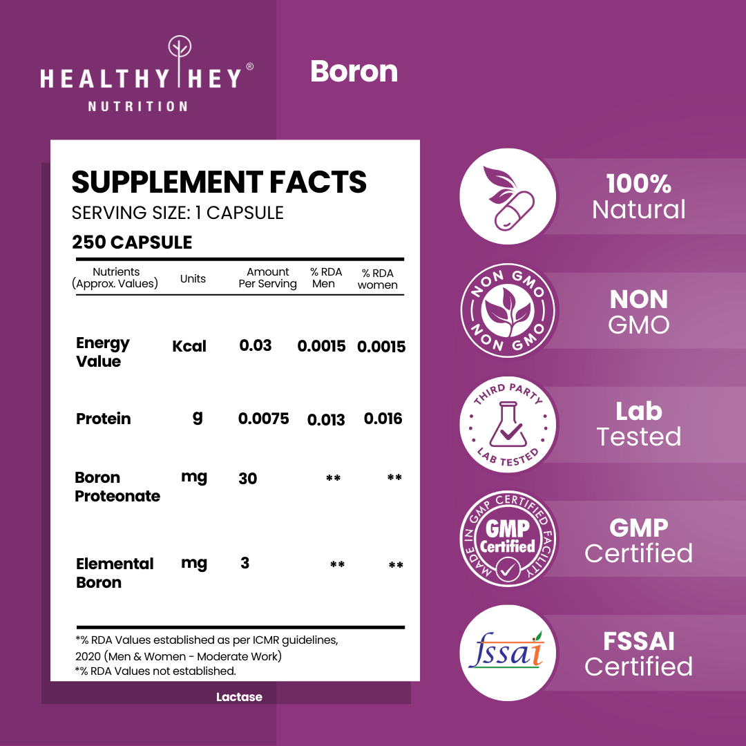 HealthyHey Nutrition Capsule Boron 3 mg,Support bone Health & testosterone levels -Trace Mineral -100% Chelated - Boost Testostrone & Promote Bone Health-120 Veg Capsule