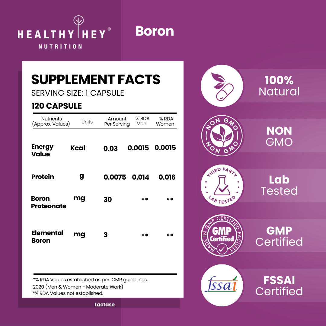 HealthyHey Nutrition Capsule Boron 3 mg,Support bone Health & testosterone levels -Trace Mineral -100% Chelated - Boost Testostrone & Promote Bone Health-120 Veg Capsule