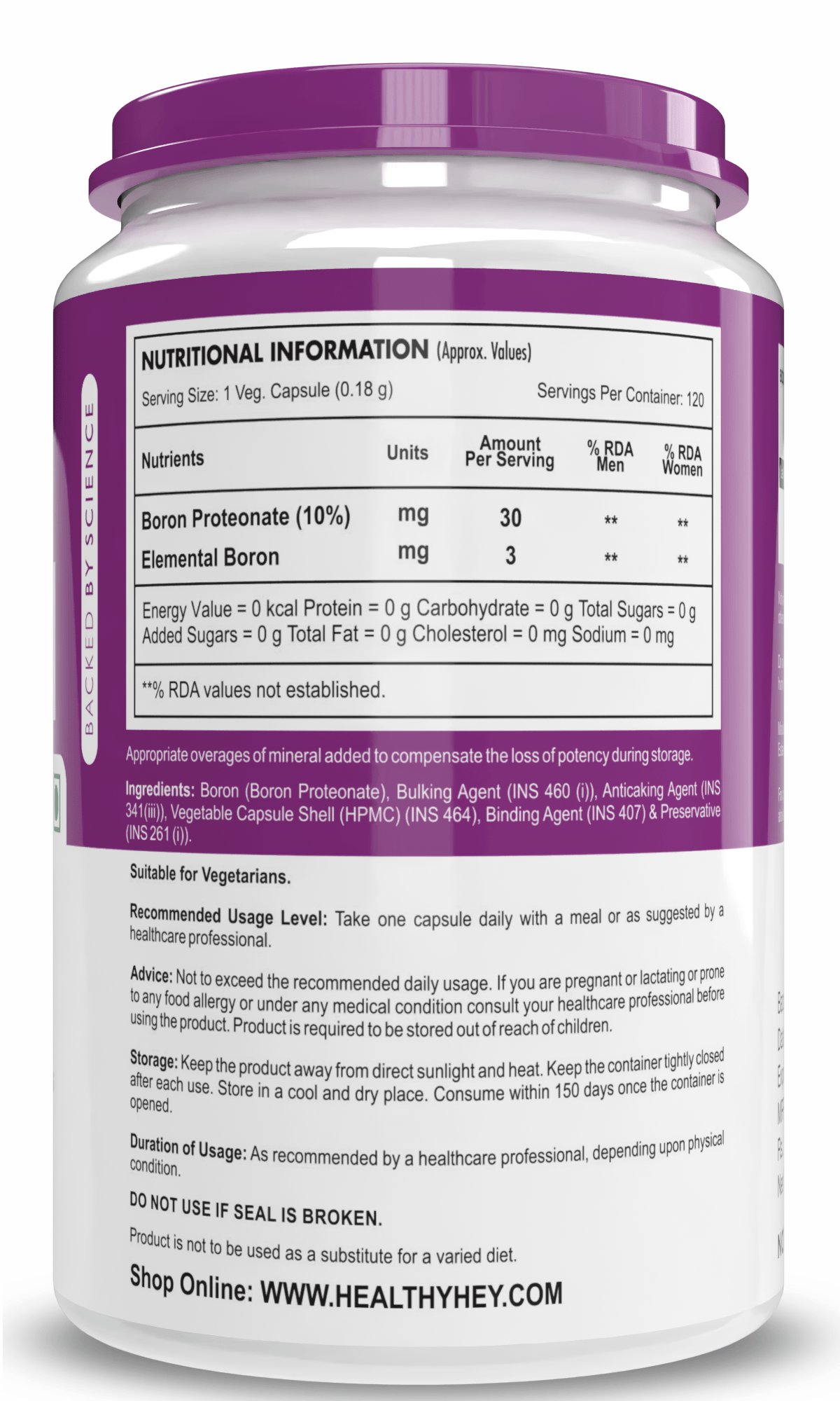 HealthyHey Nutrition Capsule Boron 3 mg,Support bone Health & testosterone levels -Trace Mineral -100% Chelated - Boost Testostrone & Promote Bone Health-120 Veg Capsule