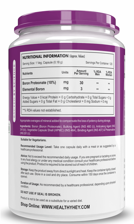 HealthyHey Nutrition Capsule Boron 3 mg,Support bone Health & testosterone levels -Trace Mineral -100% Chelated - Boost Testostrone & Promote Bone Health-120 Veg Capsule