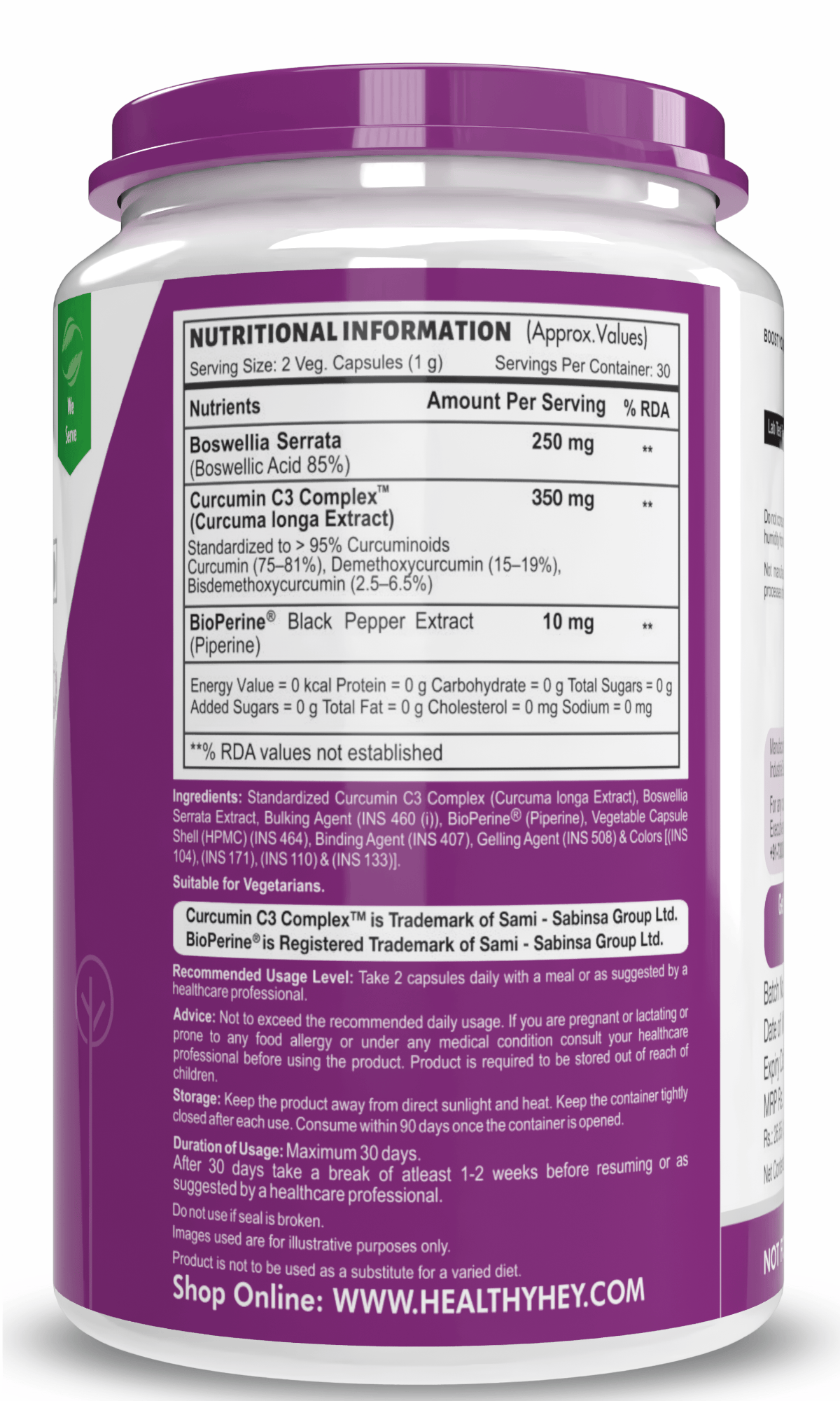 HealthyHey Nutrition Capsule Boswellia Serrata & Curcumin with Bioperine, Support Joint Health - Promote Joint Health - 60 Veg Capsules