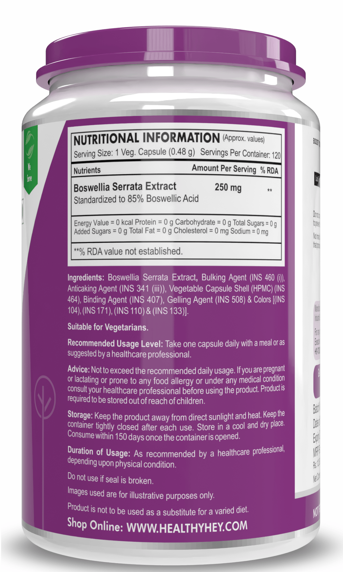 HealthyHey Nutrition Capsule Boswellia Serrata Extract, Support Joint Health -120 Veg Capsules