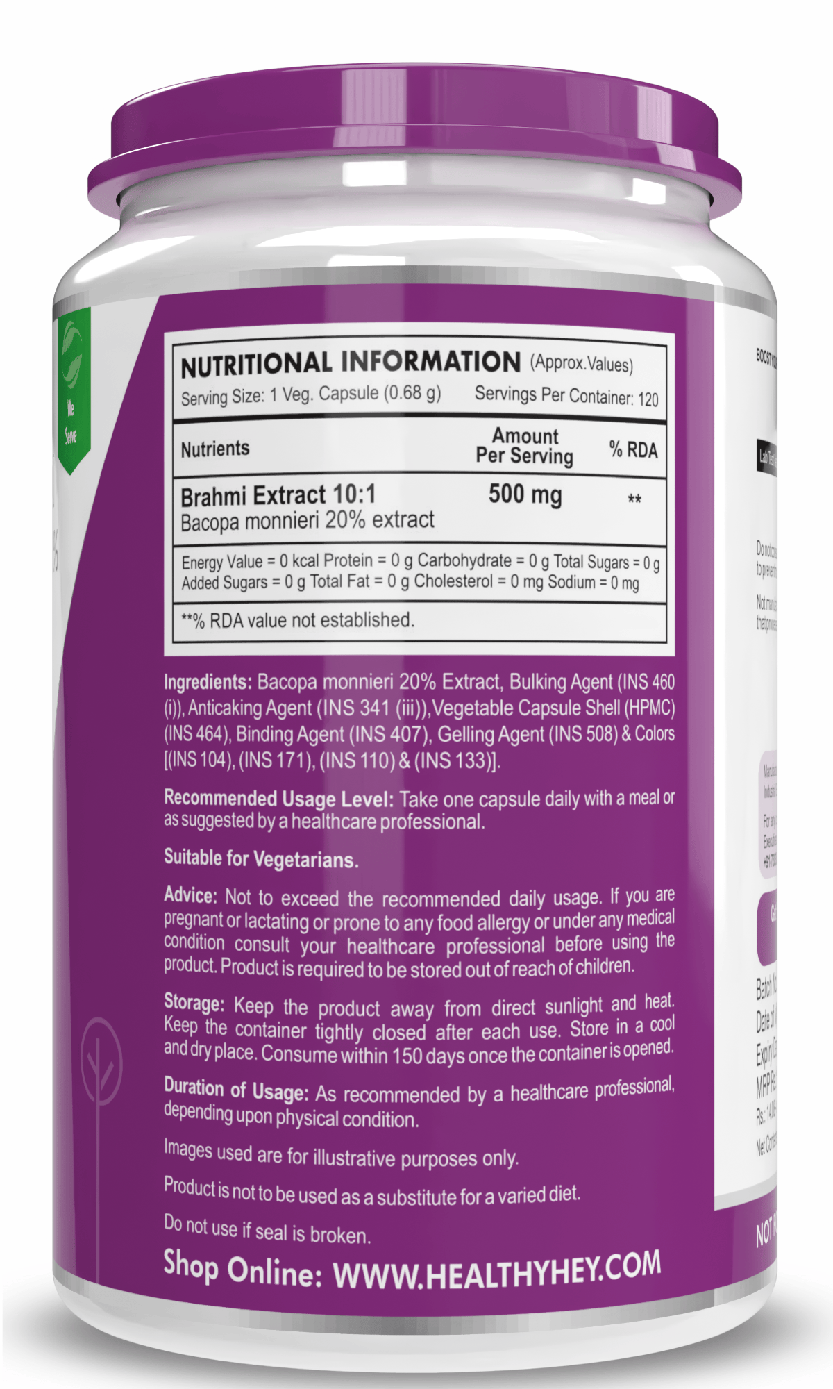 HealthyHey Nutrition Capsule Brahmi - Bacopa Monnieri Support Memory and Brain Health - 120 Veg Capsules