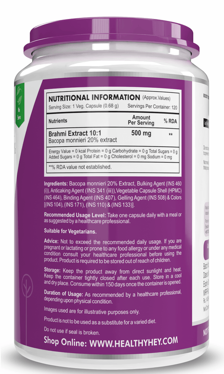 HealthyHey Nutrition Capsule Brahmi - Bacopa Monnieri Support Memory and Brain Health - 120 Veg Capsules
