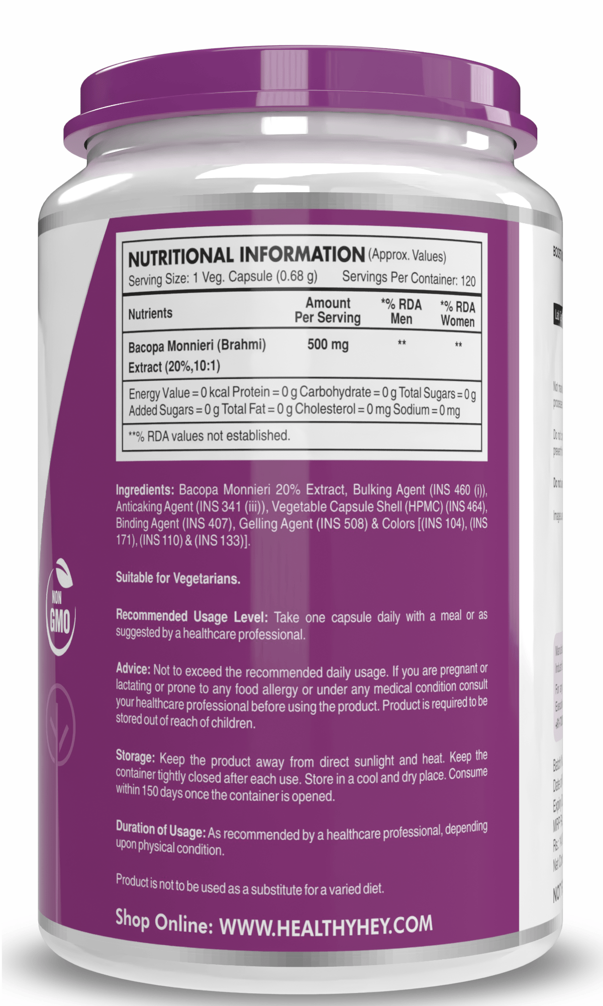HealthyHey Nutrition Capsule Brahmi - Bacopa Monnieri Support Memory and Brain Health - 120 Veg Capsules