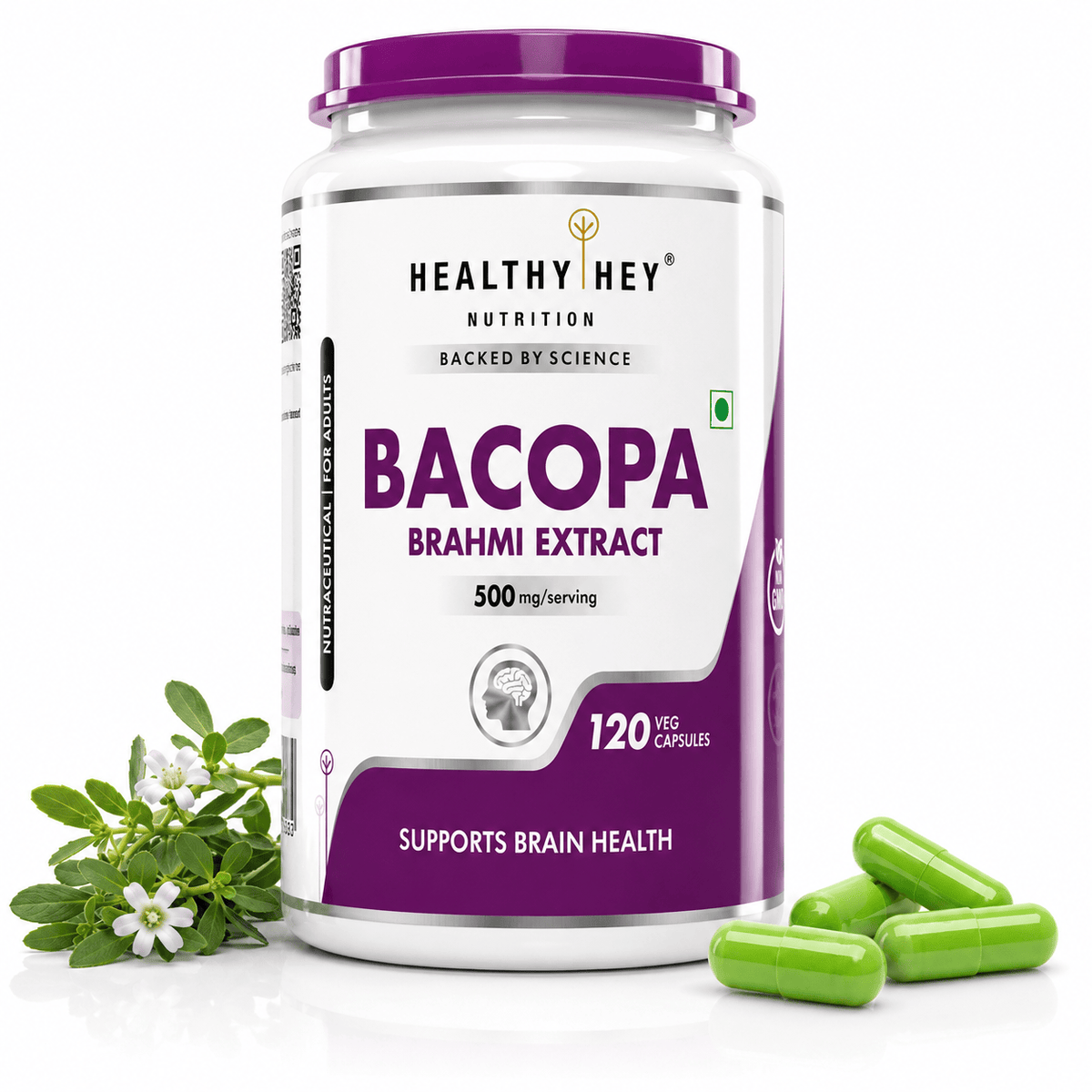 HealthyHey Nutrition Capsule Brahmi - Bacopa Monnieri Support Memory and Brain Health - 120 Veg Capsules