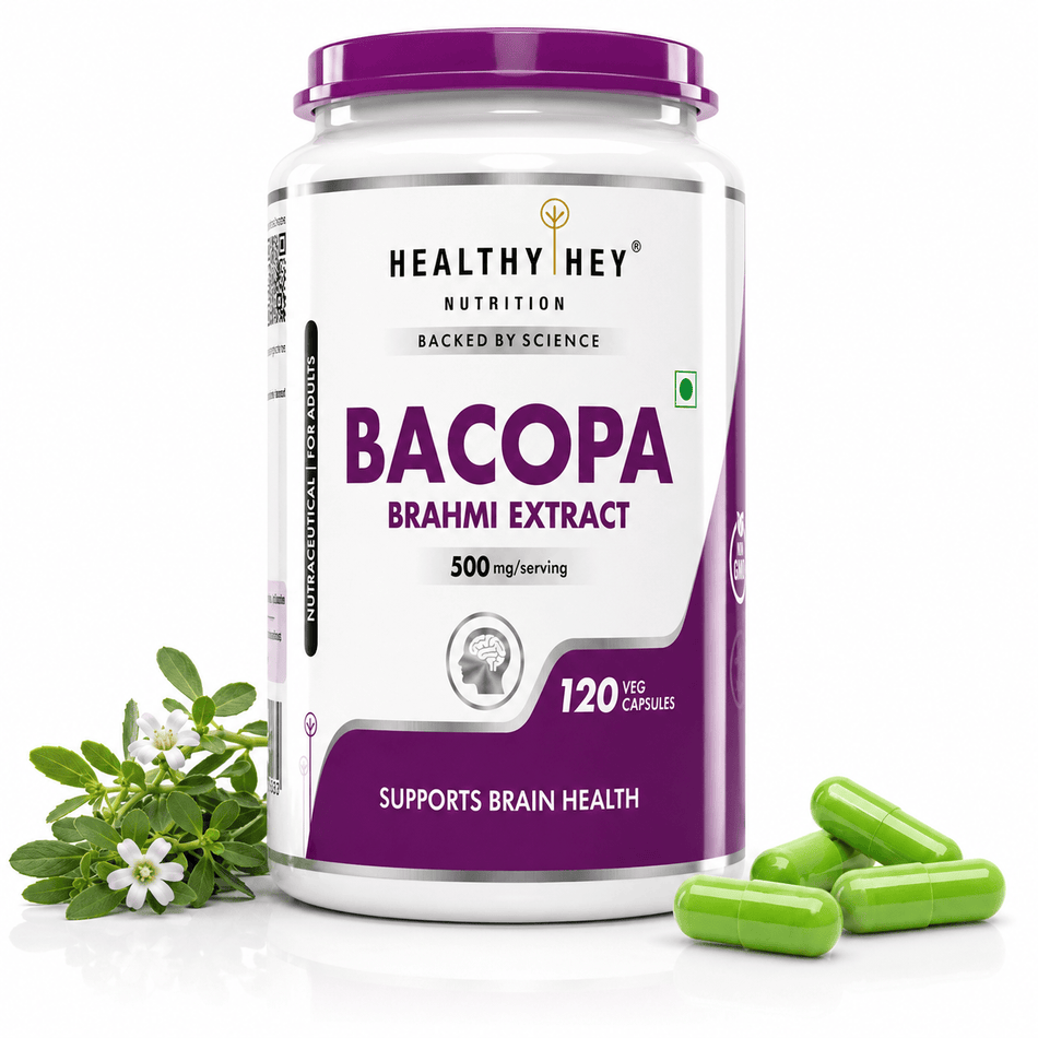 HealthyHey Nutrition Capsule Brahmi - Bacopa Monnieri Support Memory and Brain Health - 120 Veg Capsules