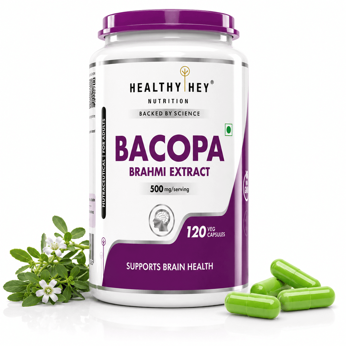 HealthyHey Nutrition Capsule Brahmi - Bacopa Monnieri Support Memory and Brain Health - 120 Veg Capsules