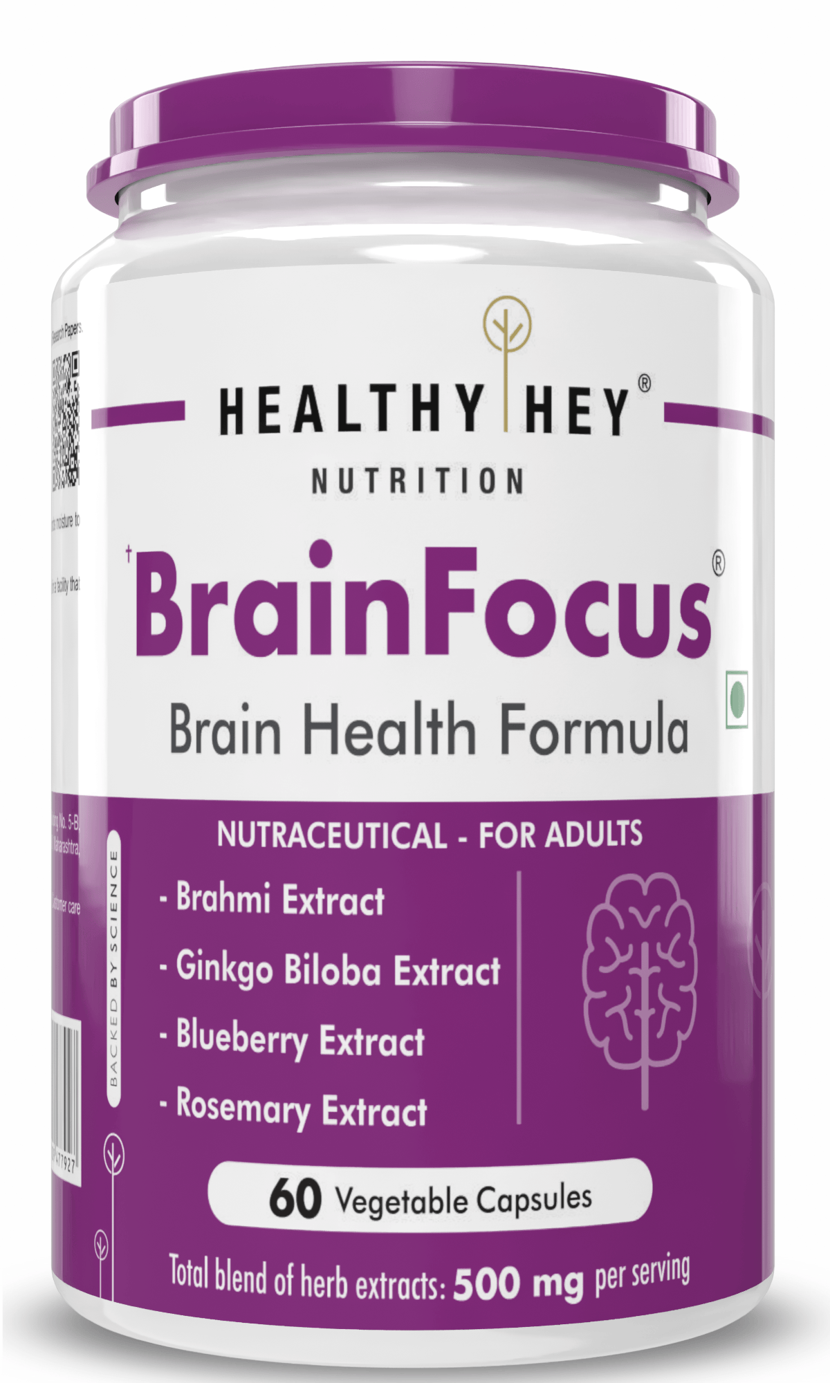 HealthyHey Nutrition Capsule BrainFocus - Natural Brain Health Formula for Memory & Focus - 60 Veg Capsules