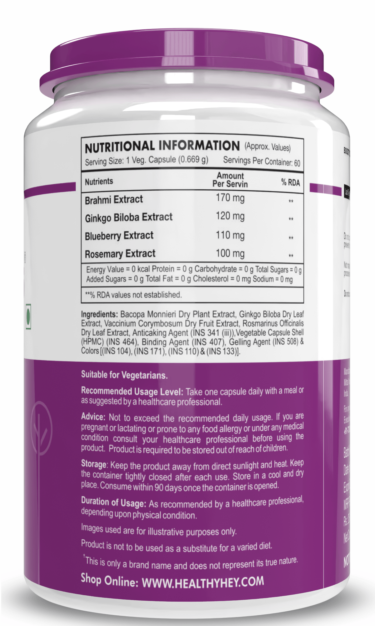 HealthyHey Nutrition Capsule BrainFocus - Natural Brain Health Formula for Memory & Focus - 60 Veg Capsules