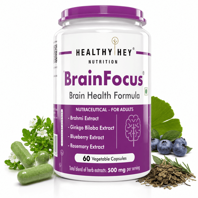 HealthyHey Nutrition Capsule BrainFocus - Natural Brain Health Formula for Memory & Focus - 60 Veg Capsules