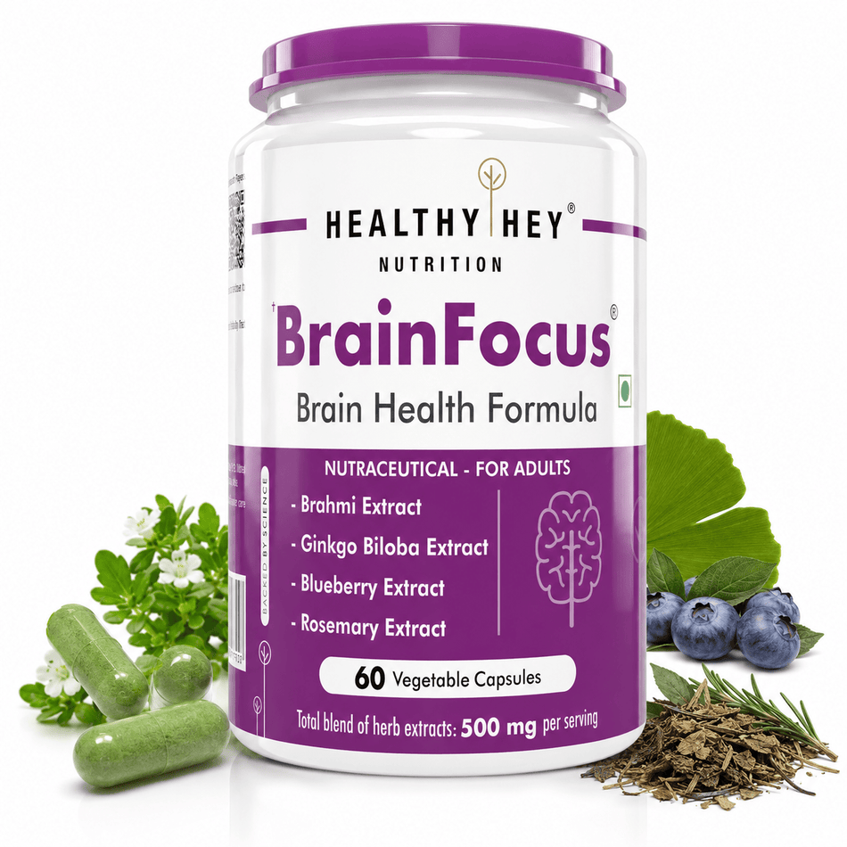 HealthyHey Nutrition Capsule BrainFocus - Natural Brain Health Formula for Memory & Focus - 60 Veg Capsules