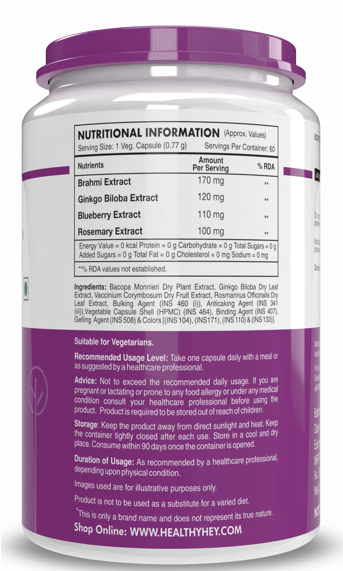 HealthyHey Nutrition Capsule BrainFocus - Natural Brain Health Formula for Memory & Focus - 60 Veg Capsules