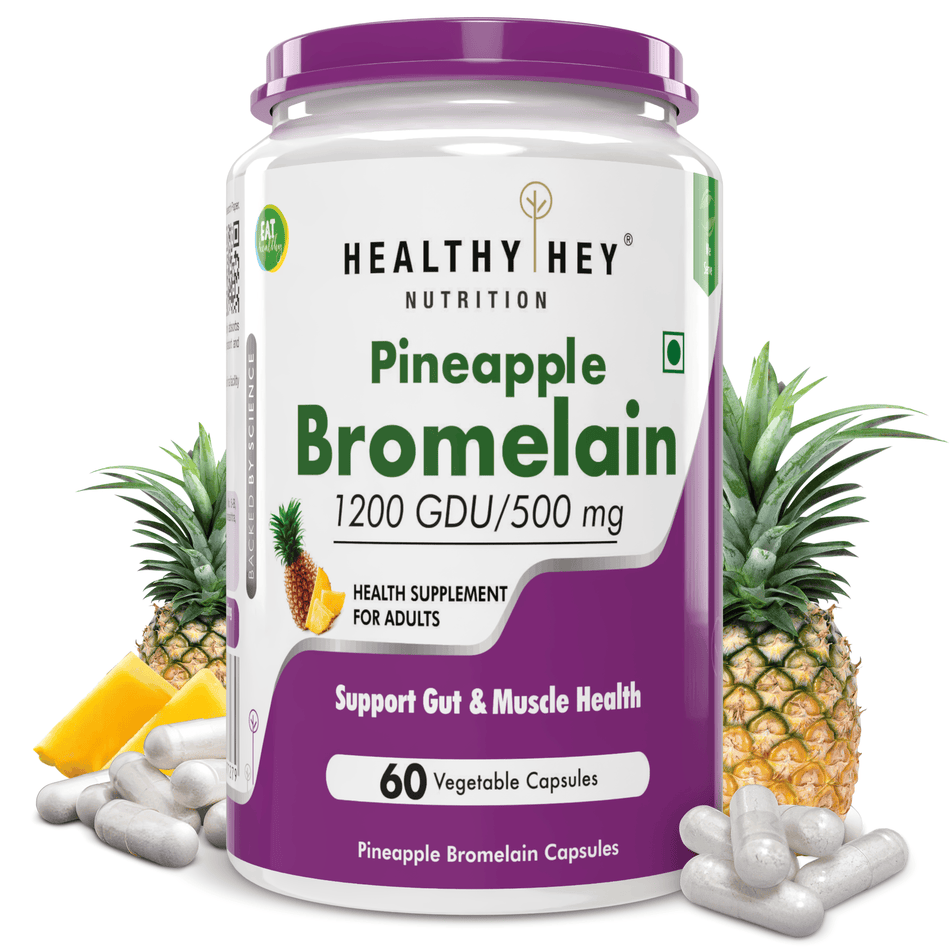 HealthyHey Nutrition Capsule Bromelain Digestive Enzyme, Support Gut Health & Muscle Health- High Concentrate - 1200 Gdu/G 60 Veg Capsules