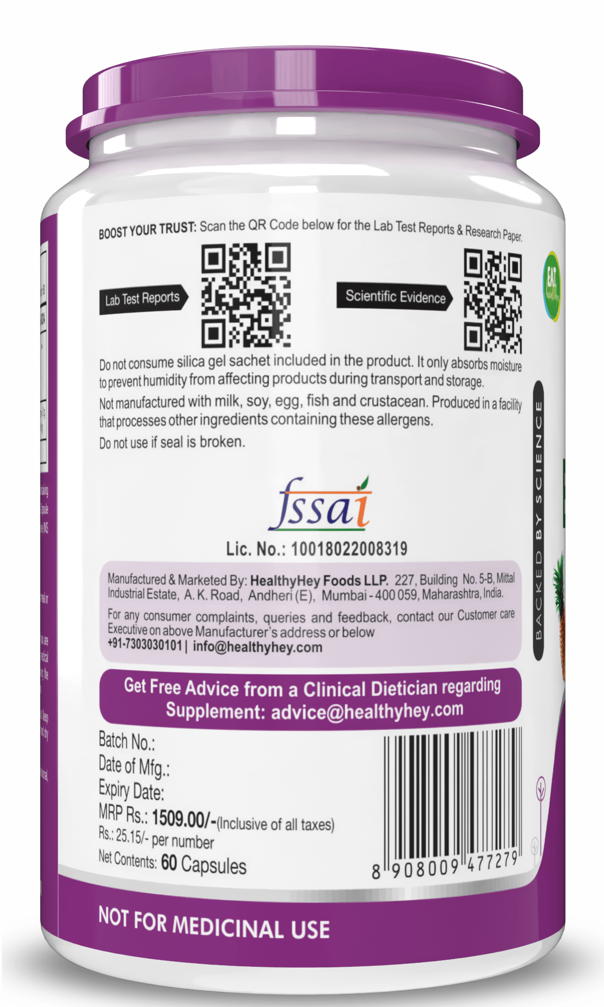 HealthyHey Nutrition Capsule Bromelain Digestive Enzyme, Support Gut Health & Muscle Health- High Concentrate - 1200 Gdu/G 60 Veg Capsules