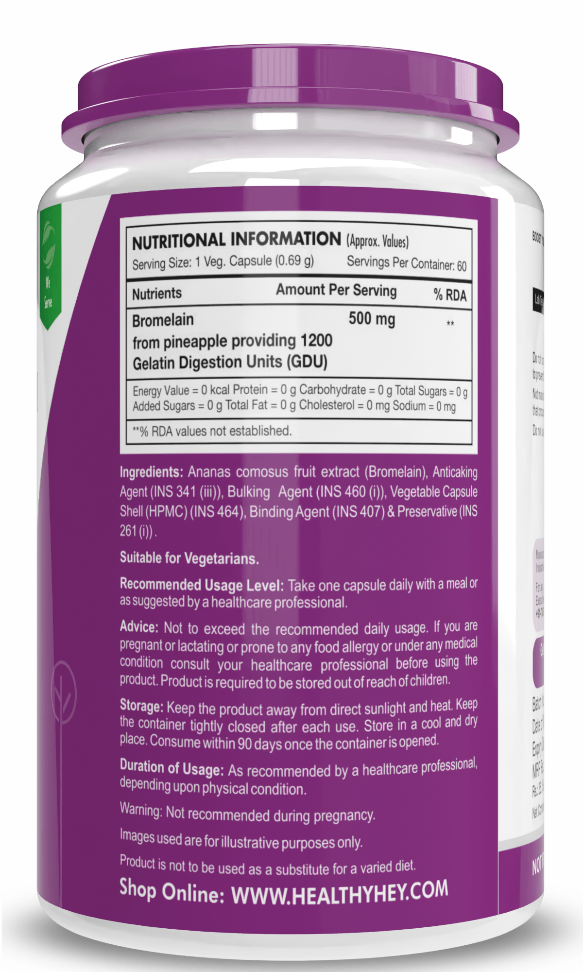 HealthyHey Nutrition Capsule Bromelain Digestive Enzyme, Support Gut Health & Muscle Health- High Concentrate - 1200 Gdu/G 60 Veg Capsules