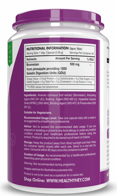 HealthyHey Nutrition Capsule Bromelain Digestive Enzyme, Support Gut Health & Muscle Health- High Concentrate - 1200 Gdu/G 60 Veg Capsules