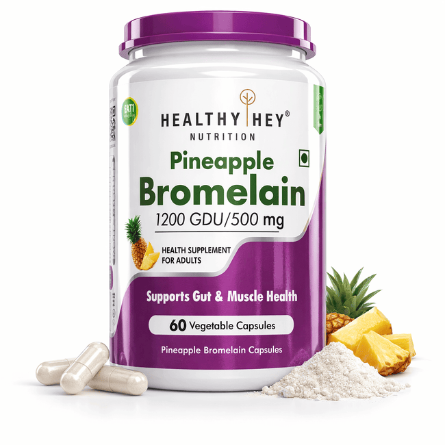 HealthyHey Nutrition Capsule Bromelain Digestive Enzyme, Support Gut Health & Muscle Health- High Concentrate - 1200 Gdu/G 60 Veg Capsules
