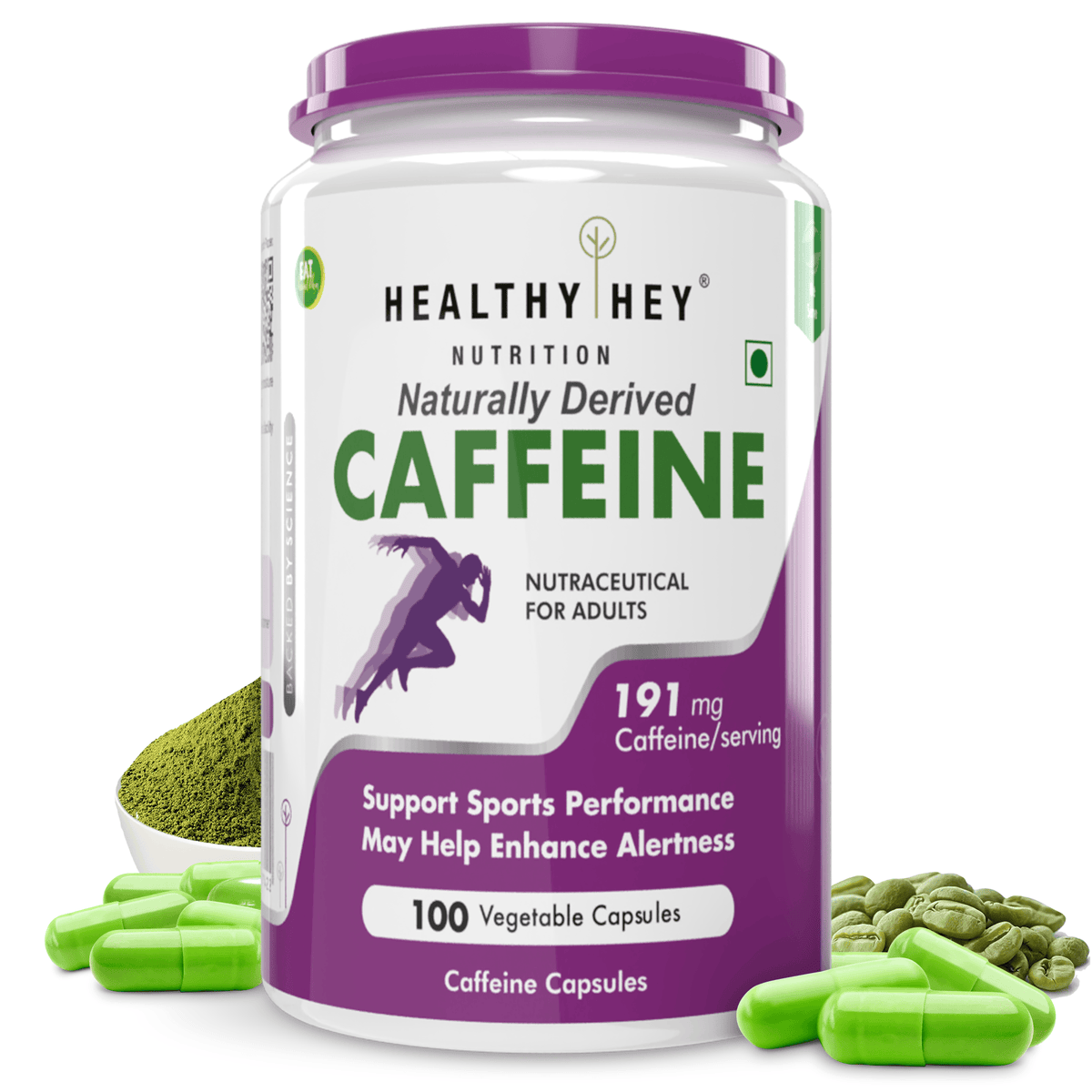 HealthyHey Nutrition Capsule Caffeine Capsules, Support sports performance - For Focus, Alertness and Performance - 100 Veg Capsules