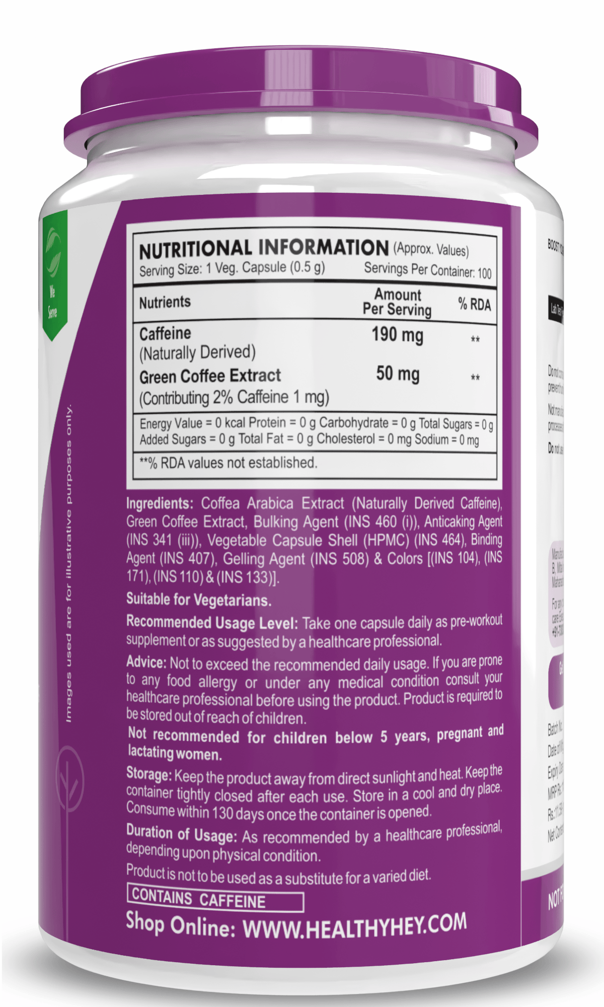 HealthyHey Nutrition Capsule Caffeine Capsules, Support sports performance - For Focus, Alertness and Performance - 100 Veg Capsules