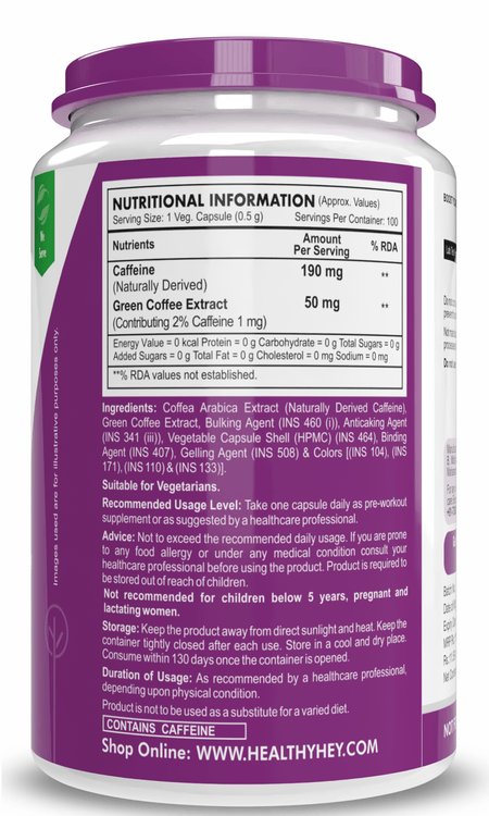 HealthyHey Nutrition Capsule Caffeine Capsules, Support sports performance - For Focus, Alertness and Performance - 100 Veg Capsules