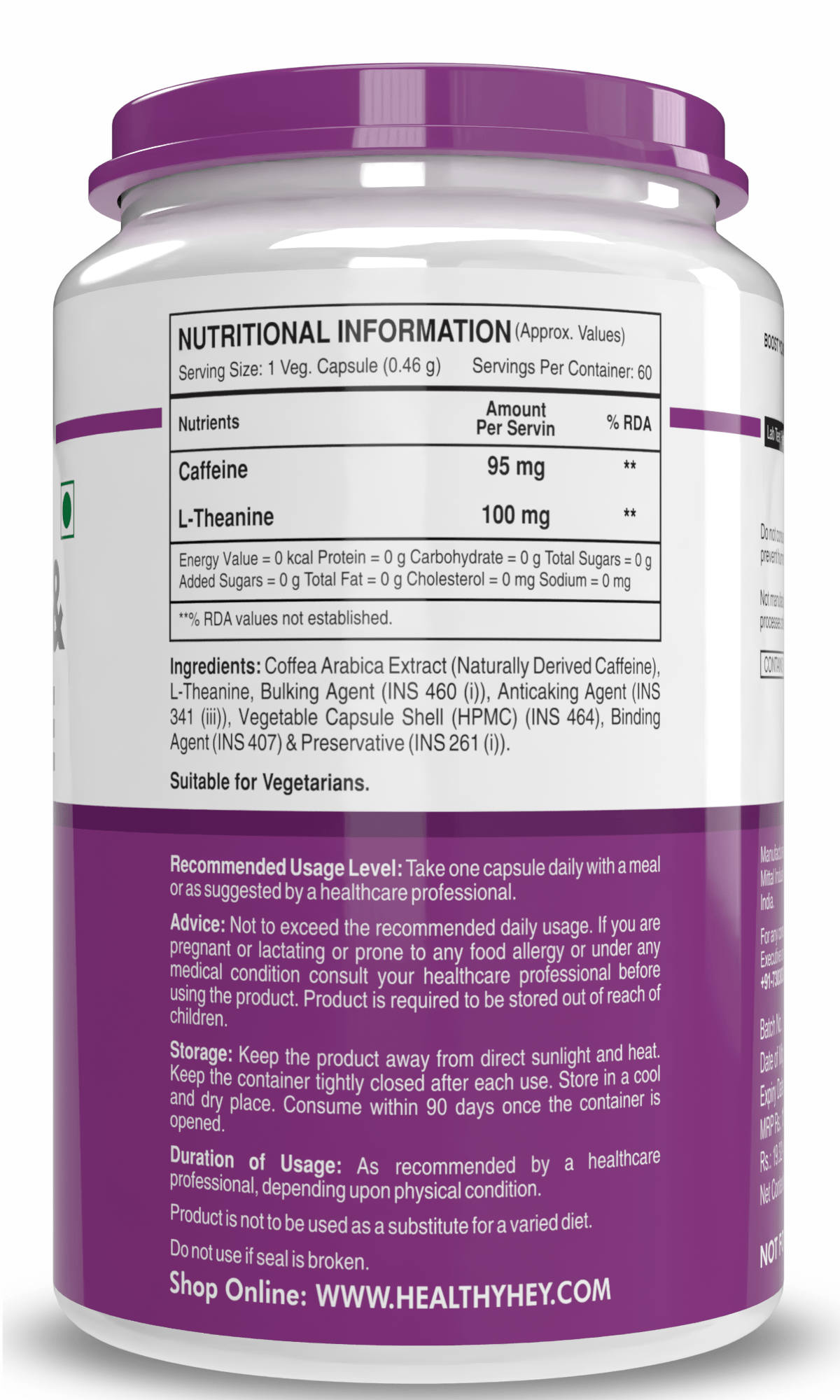 HealthyHey Nutrition Capsule Caffeine Capsules, Support sports performance - For Focus, Alertness and Performance - 100 Veg Capsules