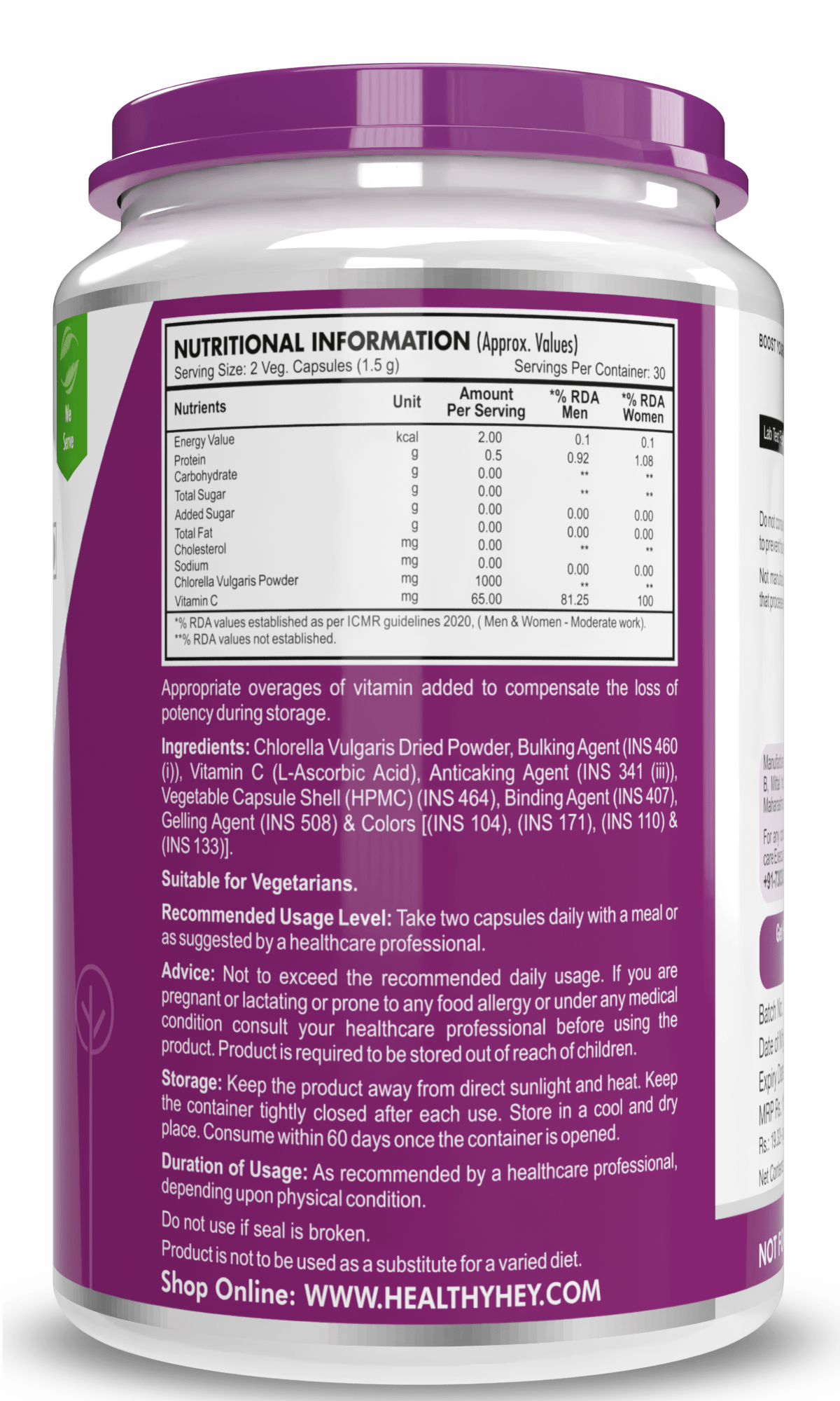 HealthyHey Nutrition Capsule Chlorella Vulgaris, Support Immune Health 1065 mg - 60 Veg Capsules
